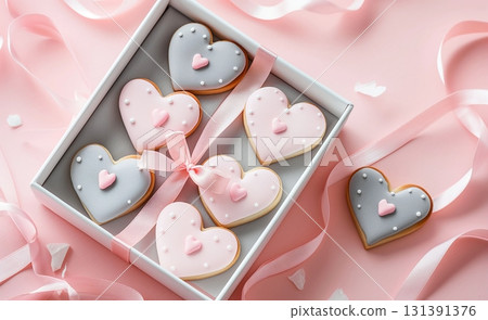 Heart shaped cookies in a gift box on a pink background, Valentine's Day 131391376