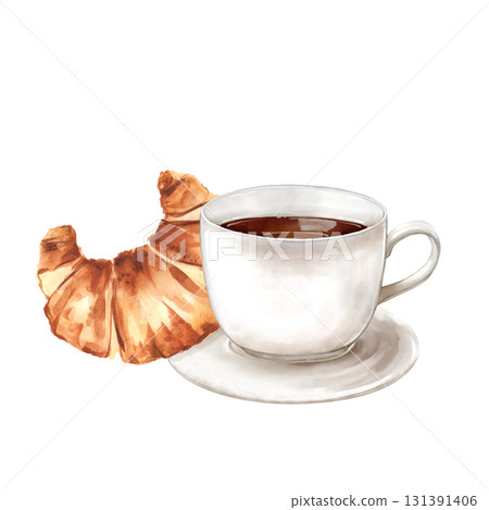 Hand-drawn illustration of fresh baked croissant next to white cup of hot coffee Hand-drawn illustration of fresh baked croissant next to white cup of hot coffee 131391406