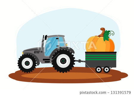 Tractor with pumpkin. Harvest. Thanksgiving. Agricultural fair. Farmers market. Autumn time. Vector illustration Tractor with pumpkin. Harvest. Thanksgiving. Agricultural fair. Farmers market. Autumn time. Vector illustration 131391579