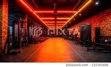 Modern Gym Interior with Dramatic Lighting and Fitness Equipment for Workout Sessions Modern Gym Interior with Dramatic Lighting and Fitness Equipment for Workout Sessions 131391606