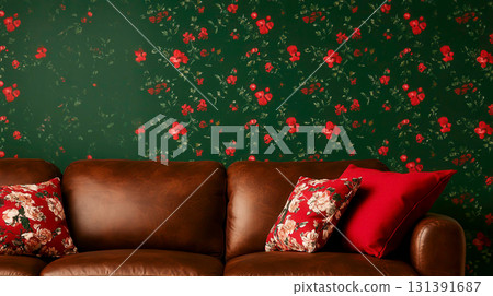Cozy Living Room with Brown Leather Sofa and Floral Accent Pillows on Green Wallpaper 131391687