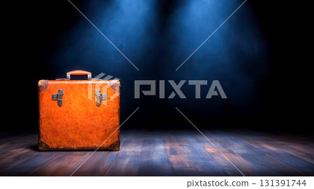 Vintage leather suitcase on dimly lit stage with dramatic lighting effects Vintage leather suitcase on dimly lit stage with dramatic lighting effects 131391744