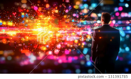 Businessman Contemplating Future with Colorful Digital Lights in Abstract Background 131391785