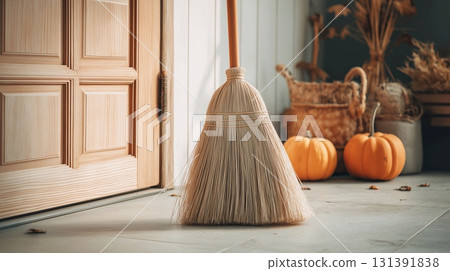 Halloween, with antique witches' brooms, pumpkins and autumn leaves. 131391838