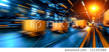 Fast Moving Delivery Trucks on Highway with Motion Blur and Bright City Lights 131391966