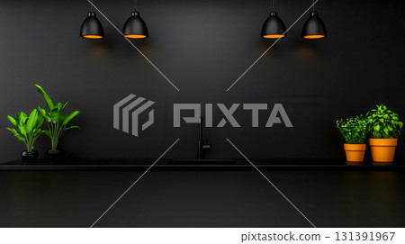 Modern kitchen interior with black walls and vibrant green plants in stylish pots 131391967