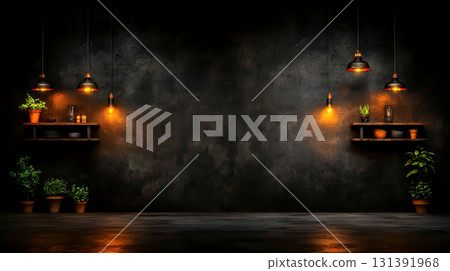 Cozy and Modern Interior with Shelves and Warm Lighting in Dark Atmosphere Cozy and Modern Interior with Shelves and Warm Lighting in Dark Atmosphere 131391968