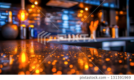 Modern Kitchen with Sparkling Countertop and Ambient Lighting Effects at Evening 131391969