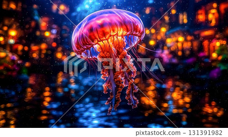 Colorful Jellyfish Floating in a Vibrant Underwater Scene with Illuminated Background 131391982