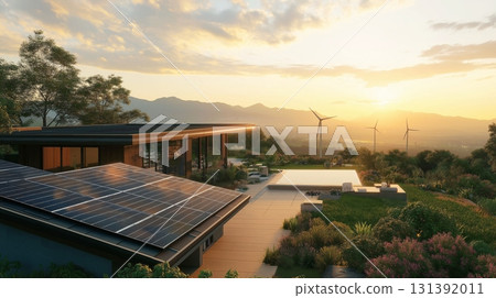 3D rendering of a modern cozy house with solar panels on the roof, against the backdrop of a beautiful landscape, for sale or rent. 131392011