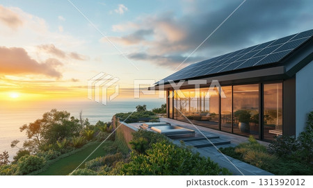 3D rendering of a modern cozy house with solar panels on the roof, against the backdrop of a beautiful landscape, for sale or rent. 131392012