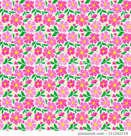 Seamless floral pattern with pink flowers and green leaves. Hand drawn chalk style illustration with bright spring, summer mood. Suitable for textiles, childrens fabric, covers and decorative design. 131392219