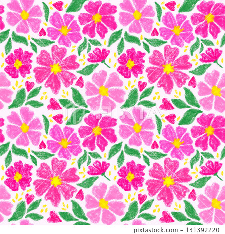Seamless pattern with abstract pink flowers and green leaves. Chalk style hand drawn illustration with light spring and summer atmosphere. Perfect for textiles, childrens fabric, covers,decorative use 131392220