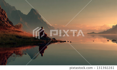 Serene Monk Meditating by Tranquil Lake with Majestic Mountains at Dusk 131392281
