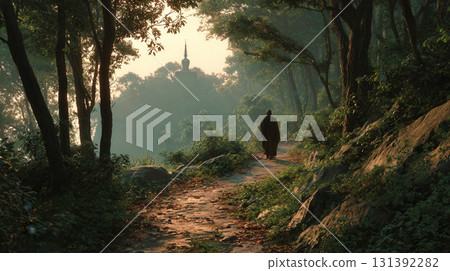 Serene Journey Through a Misty Forest Path at Sunrise with a Gentle Walker 131392282