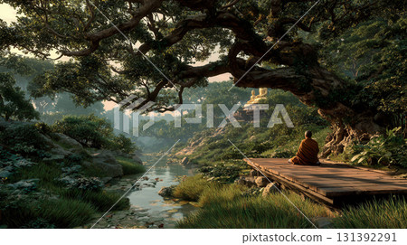Tranquil Meditation Scene by the River in a Serene Natural Setting Tranquil Meditation Scene by the River in a Serene Natural Setting 131392291