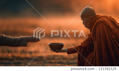 Serene Moment of a Monk Receiving Alms at Sunrise in Tranquil Natural Setting 131392329