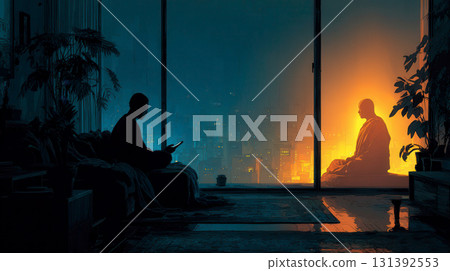 Contemplative Silence in Urban Setting with Shadowy Figure and Glowing Presence 131392553