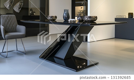 Black table with a chair in front of it 131392685