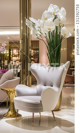 White chair is sitting in front of a large vase of white flowers White chair is sitting in front of a large vase of white flowers 131392758