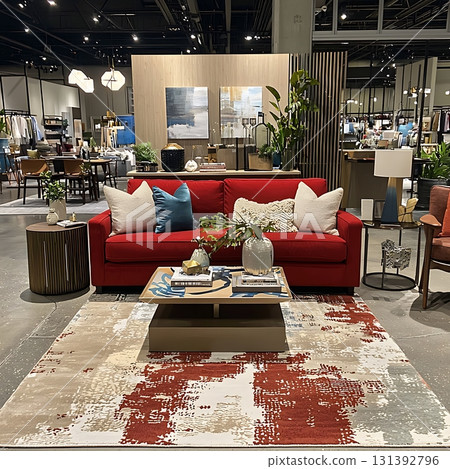 Red couch is sitting in front of a wall with a painting on it 131392796