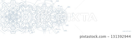 Technical drawing of gears .Rotating mechanism of round parts .Machine technology. Vector illustration. Technical drawing of gears .Rotating mechanism of round parts .Machine technology. Vector illustration. 131392944