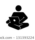 Black and white stick figure vector illustration of a person sitting cross-legged with a laptop. 131393224