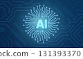 AI processor icon on futuristic circuit board. Vector graphic for technology and artificial intelligence concepts. Technology background of AI microchip and radial circuit lines. 131393370