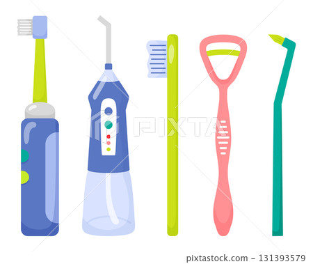 Oral care. Toothbrushs set in cartoon flat style. Electric toothbrush, irrigator. Single tuft, tongue cleaning brush. Vector illustration Oral care. Toothbrushs set in cartoon flat style. Electric toothbrush, irrigator. Single tuft, tongue cleaning brush. Vector illustration 131393579