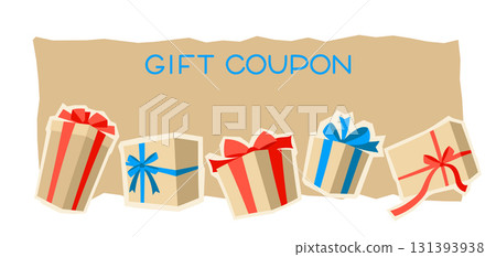 Gift card or coupon. Craft presents gift boxes for celebration, discounts or promotions. Gift card or coupon. Craft presents gift boxes for celebration, discounts or promotions. 131393938