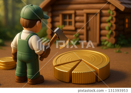 Stock split concept | Miniature illustration of a lumberjack splitting a gold coin 131393953