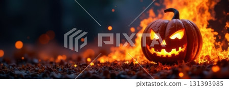 Halloween pumpkin burning in flames at night Halloween pumpkin burning in flames at night 131393985