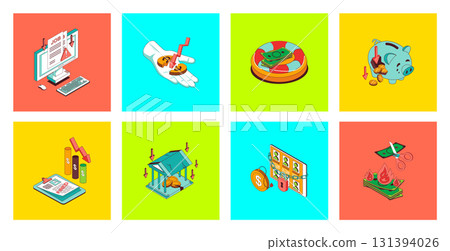 Unemployment and crisis concept of 3d isometric icons set. Pack with dismissal email to employee, financial problems and jobless, global economic recession and banking crash. Vector illustration. 131394026