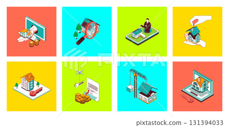 Real estate concept of 3d isometric icons set. Pack with searching new home, buying property with realtor agency, rents apartment, building houses business, mortgage for customer. Vector illustration. Real estate concept of 3d isometric icons set. Pack with searching new home, buying property with realtor agency, rents apartment, building houses business, mortgage for customer. Vector illustration. 131394033