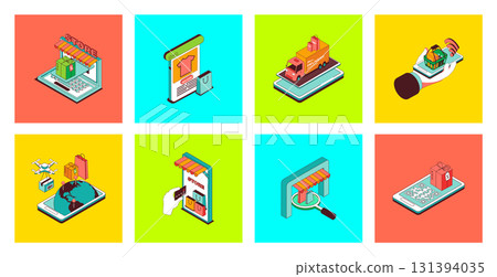 Online shopping concept of 3d isometric icons set. Pack with ordering new goods at store, doing internet purchasing with payments in app, using delivery service, tracking parcels. Vector illustration. Online shopping concept of 3d isometric icons set. Pack with ordering new goods at store, doing internet purchasing with payments in app, using delivery service, tracking parcels. Vector illustration. 131394035