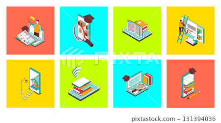 Online education concept of 3d isometric icons set. Pack with distantly studying with teacher video lectures, college or university platforms, digital books read, virtual exam. Vector illustration. Online education concept of 3d isometric icons set. Pack with distantly studying with teacher video lectures, college or university platforms, digital books read, virtual exam. Vector illustration. 131394036
