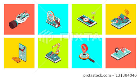 GPS navigation concept of 3d isometric icons set. Pack using online global positioning system with maps, compass navigator, driving direction at streets, location city pointers. Vector illustration. 131394040
