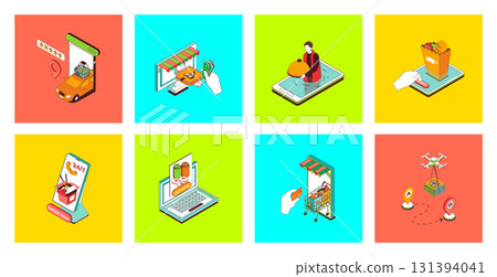 Food delivery concept of 3d isometric icons set. Pack with ordering online pizza or grocery menu, fast courier shipping service, eatery meals distribution, package transportation. Vector illustration. 131394041