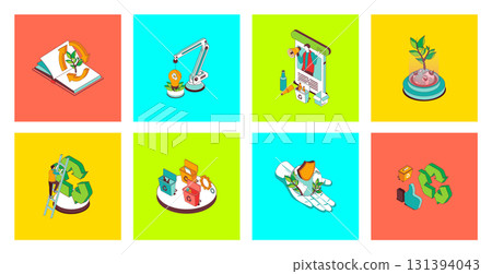 Ecology concept of 3d isometric icons set. Pack with waste management and recycling technology, garbage cleanup to bins, alternative energy for save planet and climate support. Vector illustration. 131394043