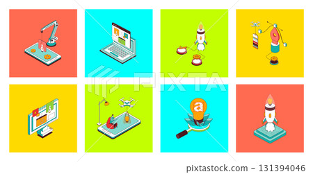Designer studio concept of 3d isometric icons set. Pack with mobile interface layouts creating, graphic contents, using drawing tools and typescripts, creative agency startup. Vector illustration. Designer studio concept of 3d isometric icons set. Pack with mobile interface layouts creating, graphic contents, using drawing tools and typescripts, creative agency startup. Vector illustration. 131394046