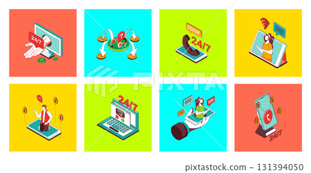 Customer support concept of 3d isometric icons set. Pack with online assistance and help, clients calling to technical center, operators answering questions, company information. Vector illustration. Customer support concept of 3d isometric icons set. Pack with online assistance and help, clients calling to technical center, operators answering questions, company information. Vector illustration. 131394050