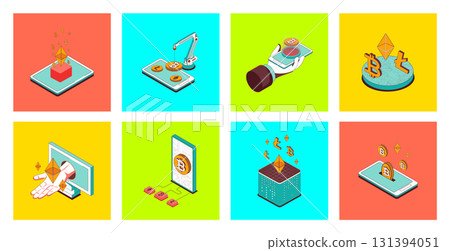 Cryptocurrency concept of 3d isometric icons set. Pack with bitcoins and crypto coins, trading digital money at virtual blockchain platforms, making online exchange at market. Vector illustration. Cryptocurrency concept of 3d isometric icons set. Pack with bitcoins and crypto coins, trading digital money at virtual blockchain platforms, making online exchange at market. Vector illustration. 131394051