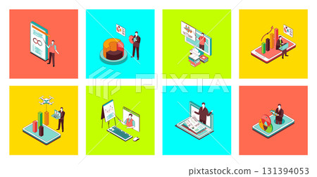 Business training concept of 3d isometric icons set. Pack with learning at online coach conference with financial analysis presentation, consulting lectures and video seminars. Vector illustration. Business training concept of 3d isometric icons set. Pack with learning at online coach conference with financial analysis presentation, consulting lectures and video seminars. Vector illustration. 131394053