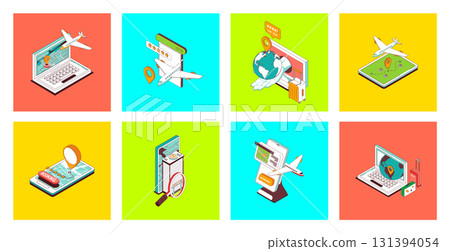 Booking concept of 3d isometric icons set. Pack with search and buy airline tickets online, ordering airplane transportation, hotel room reservation with rating in mobile app. Vector illustration. 131394054