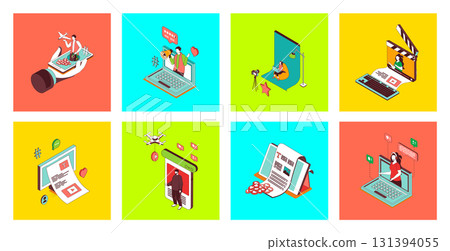Blogging concept of 3d isometric icons set. Pack with creating video content, making new posts in social media, writing articles, connecting with audience, attracting followers. Vector illustration. 131394055