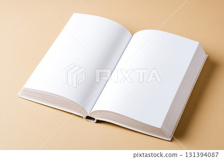 Blank white book on light sand-colored background representing minimalistic design mockup for creative purposes and print projects 131394087