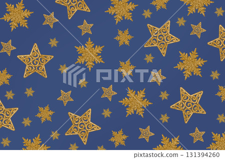 Christmas blue background with Christmas tree decorations with a golden snowflake and star. New Year and Christmas card. 131394260