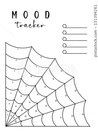 Minimalist mood tracker with corner spider web design and 31 numbered sections, isolated on a transparent background. Black and white printable template for bullet journal, diary, or planner insert Minimalist mood tracker with corner spider web design and 31 numbered sections, isolated on a transparent background. Black and white printable template for bullet journal, diary, or planner insert 131394261