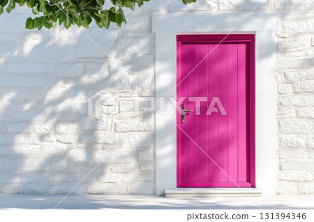 Vibrant fuchsia door on a white stone building with minimal architectural details and soft shadows Vibrant fuchsia door on a white stone building with minimal architectural details and soft shadows 131394346
