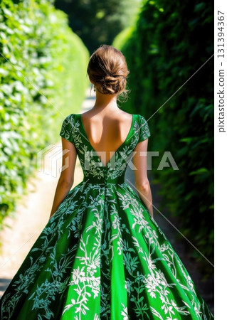 Elegant woman in emerald green gown with floral patterns standing gracefully in a lush garden filled with vibrant greenery under soft afternoon light 131394367